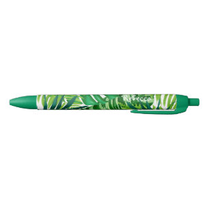 Green Tropical Leaves Monogram Name Black Ink Pen