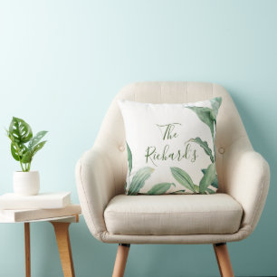 Green Tropical Leaves Monogram Name Cushion