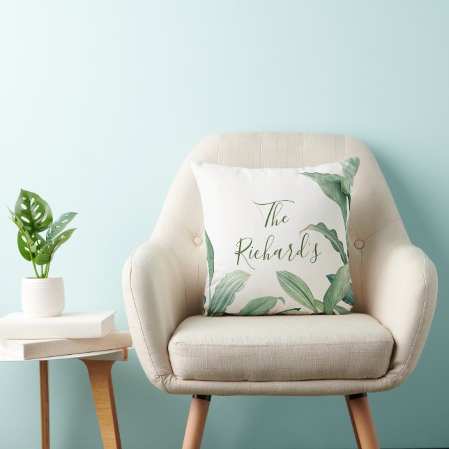 Green Tropical Leaves Monogram Name  Cushion (Chair)