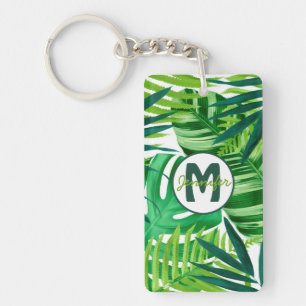 Green Tropical Leaves Monogram Name Key Ring