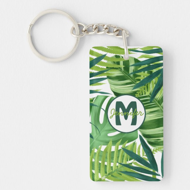 Green Tropical Leaves Monogram Name Key Ring (Front)