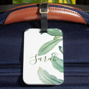 Green Tropical Leaves Monogram Name Luggage Tag