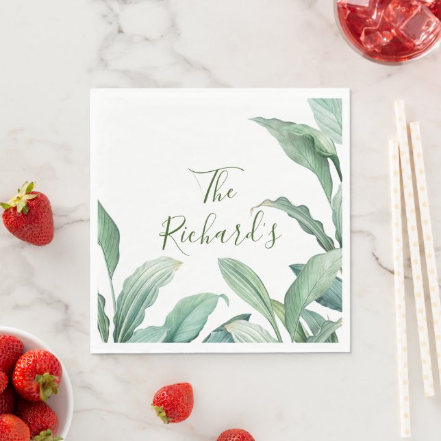 Green Tropical Leaves Monogram Name  Napkin (Insitu)