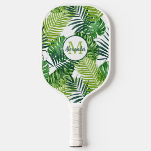 Green Tropical Leaves Monogram Name Pickleball Paddle