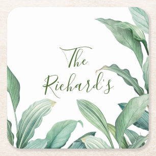 Green Tropical Leaves Monogram Name  Square Paper Coaster