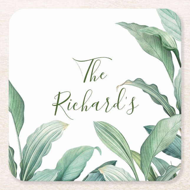 Green Tropical Leaves Monogram Name  Square Paper Coaster (Front)