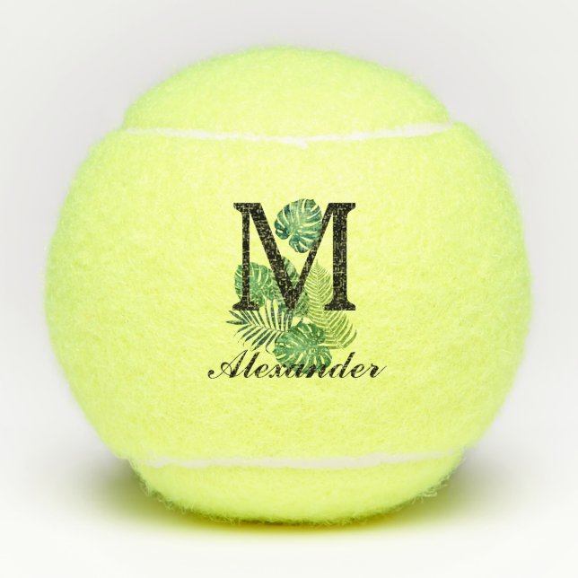 Green Tropical Leaves Monogram  Tennis Balls (Front)