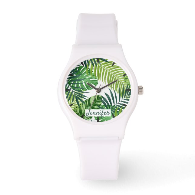 Green Tropical Leaves Monogram Watch (Front)