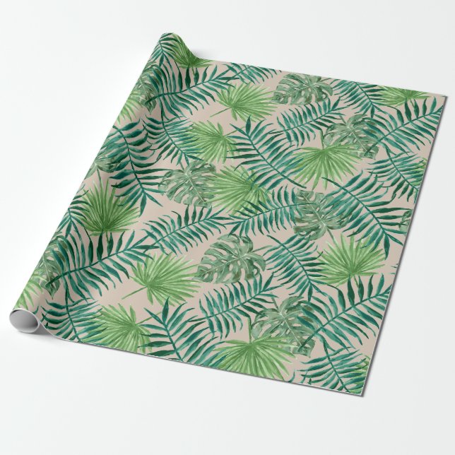 Green Tropical Leaves Neutral Boho Wrapping Paper (Unrolled)