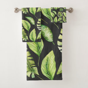 Green Tropical Leaves Pattern Black Botanical      Bath Towel Set