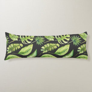 Green Tropical Leaves Pattern Black Botanical Body Cushion