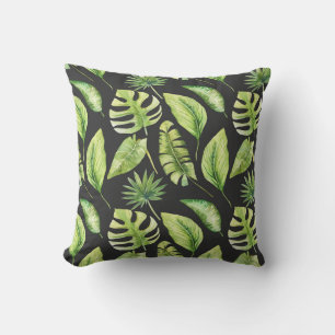 Green Tropical Leaves Pattern Black Botanical Cushion