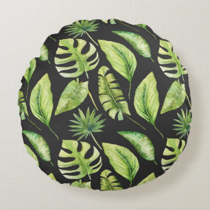 Green Tropical Leaves Pattern Black Botanical Round Cushion