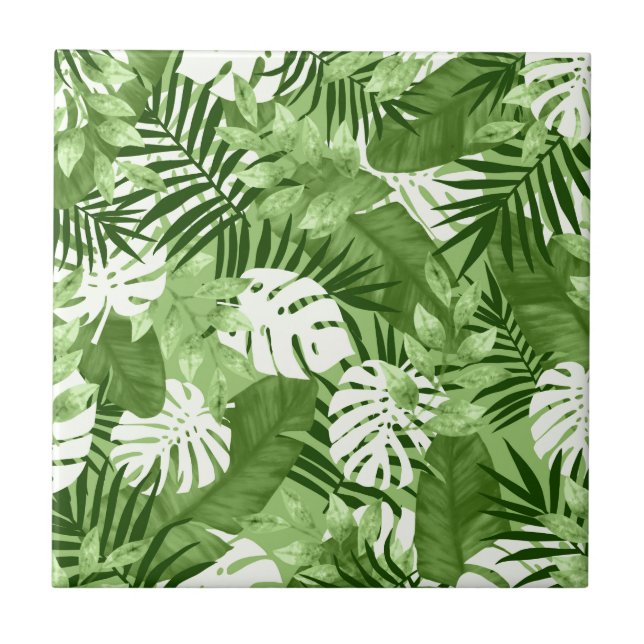 Green Tropical Leaves Pattern Ceramic Tile (Front)