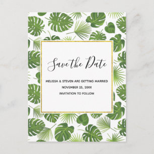 Green Tropical Leaves Pattern Classy Save the Date Invitation Postcard