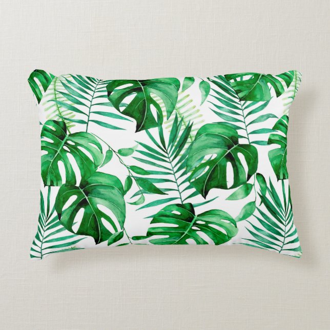 Green tropical leaves pattern decorative cushion (Front)