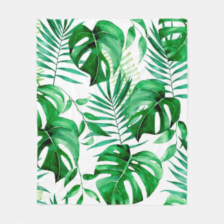 Green tropical leaves pattern fleece blanket