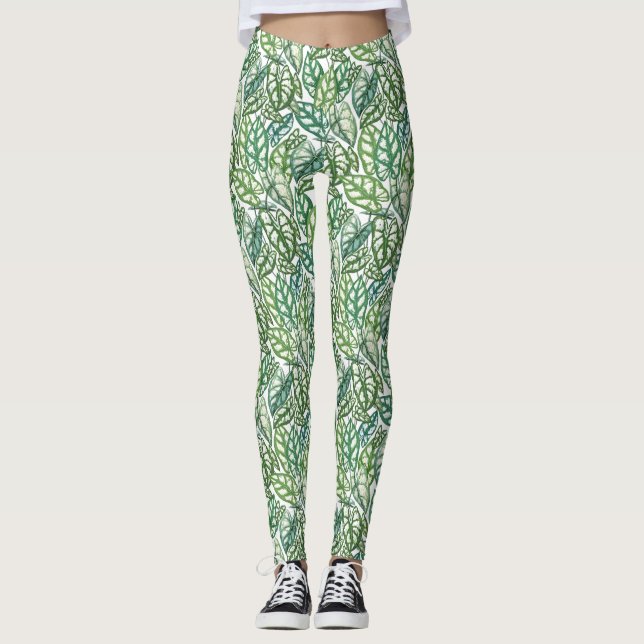 Green Tropical Leaves Pattern Leggings (Front)