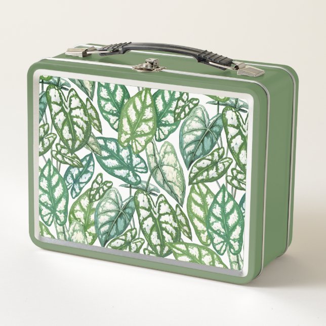Green Tropical Leaves Pattern Metal Lunch Box (Front)