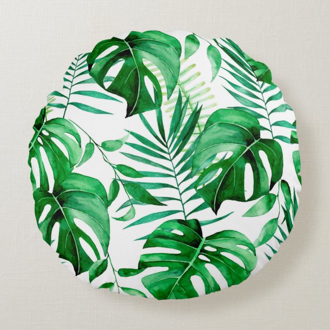 Green tropical leaves pattern round cushion (Front)