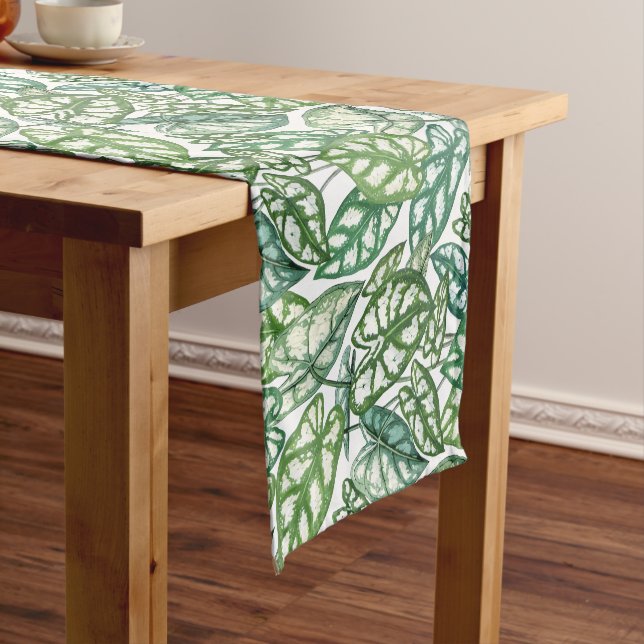 Green Tropical Leaves Pattern Short Table Runner (In Situ)