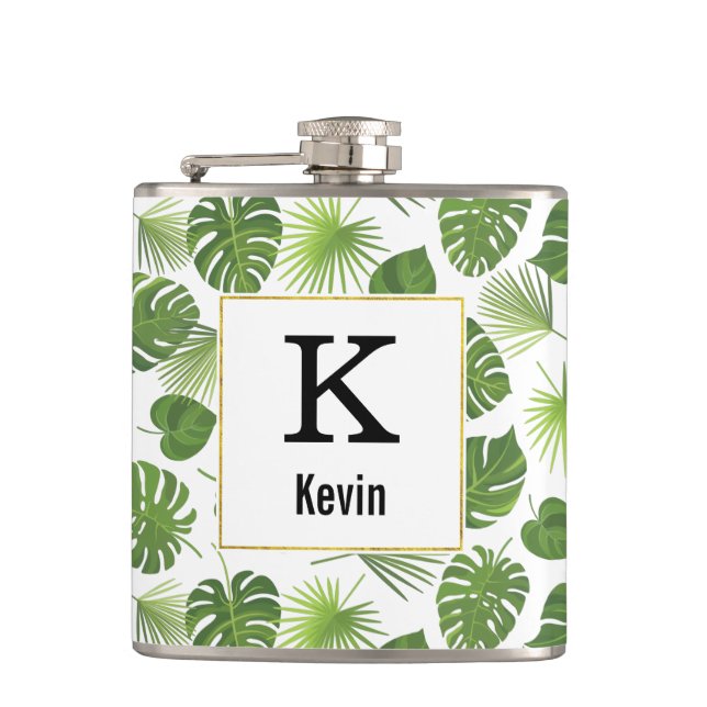 Green Tropical Leaves Pattern with Faux Gold Frame Hip Flask (Front)