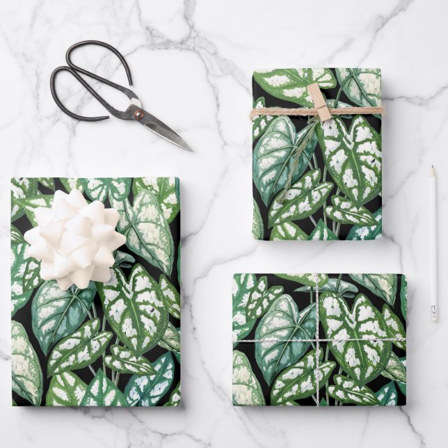Green Tropical Leaves Pattern Wrapping Paper Sheet (Front)