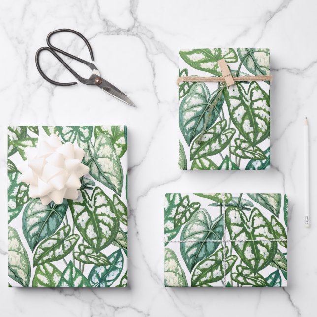 Green Tropical Leaves Pattern Wrapping Paper Sheet (Front)