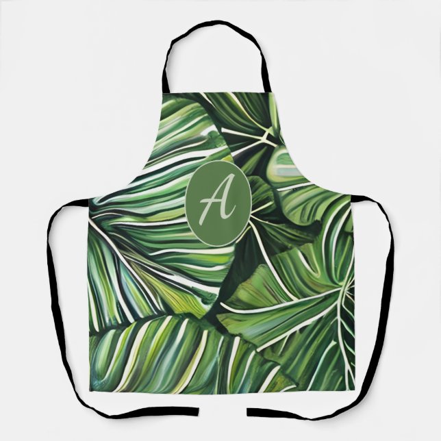 Green Tropical Leaves Personalised Monogram  Apron (Front)