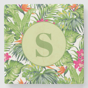 Green Tropical Leaves Pink Floral Monogram Stone Coaster
