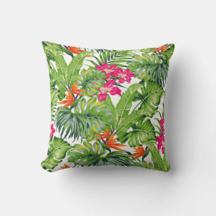 Green Tropical Leaves Pink Orange Flowers Cushion