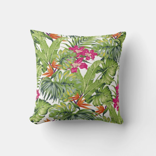Green Tropical Leaves Pink Orange Flowers Cushion (Front)