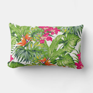 Green Tropical Leaves Pink Orange Flowers Lumbar Cushion