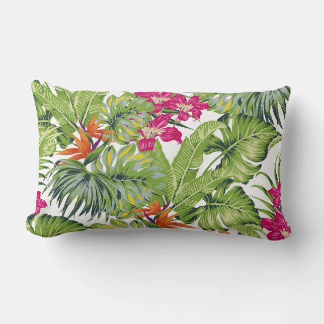 Green Tropical Leaves Pink Orange Flowers Lumbar Lumbar Cushion (Front)