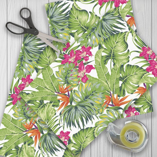 Green Tropical Leaves Pink Orange  Flowers Tissue Paper (Tropical leaves with pink and orange flowers gift wrapping tissue paper)