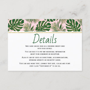 Green tropical leaves pink wedding insert card