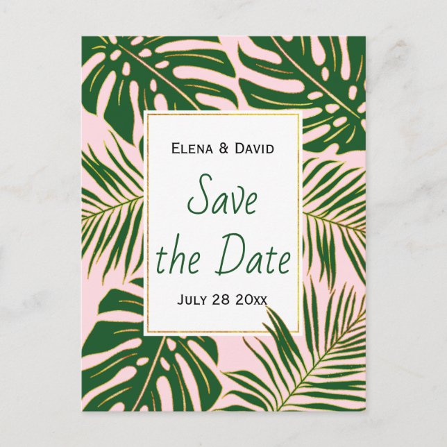 Green tropical leaves pink wedding Save the Date Announcement Postcard (Front)