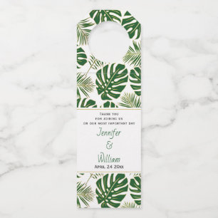 Green tropical leaves polka dots wedding bottle tag