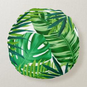 Green tropical leaves round cushion
