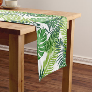 Green tropical leaves short table runner