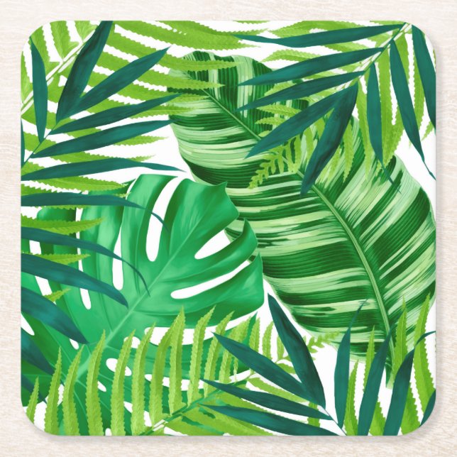 Green tropical leaves square paper coaster (Front)