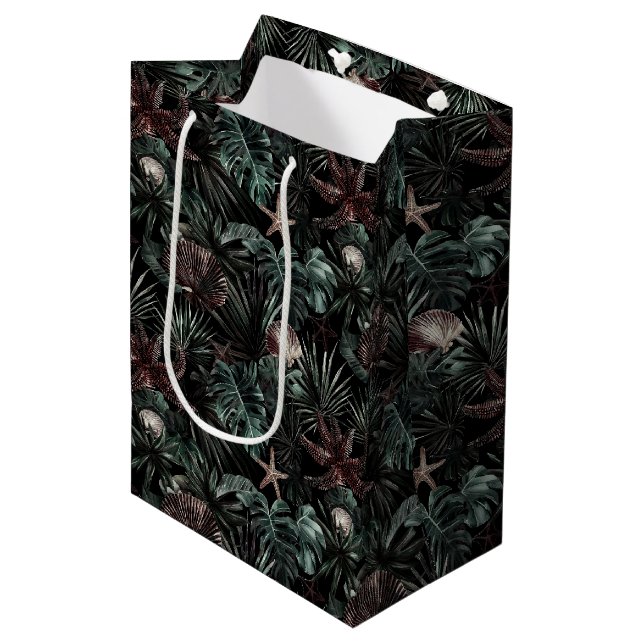 Green Tropical Leaves Starfish Shells Birthday Medium Gift Bag (Front Angled)