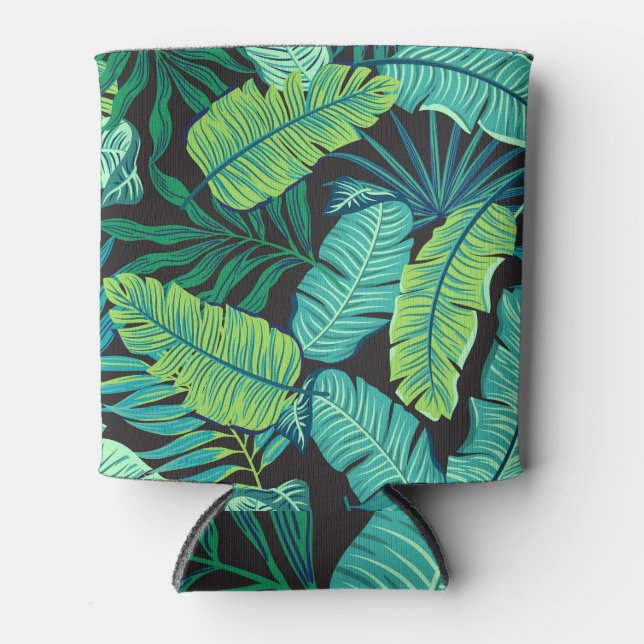 Green tropical leaves: vintage pattern. can cooler (Front)