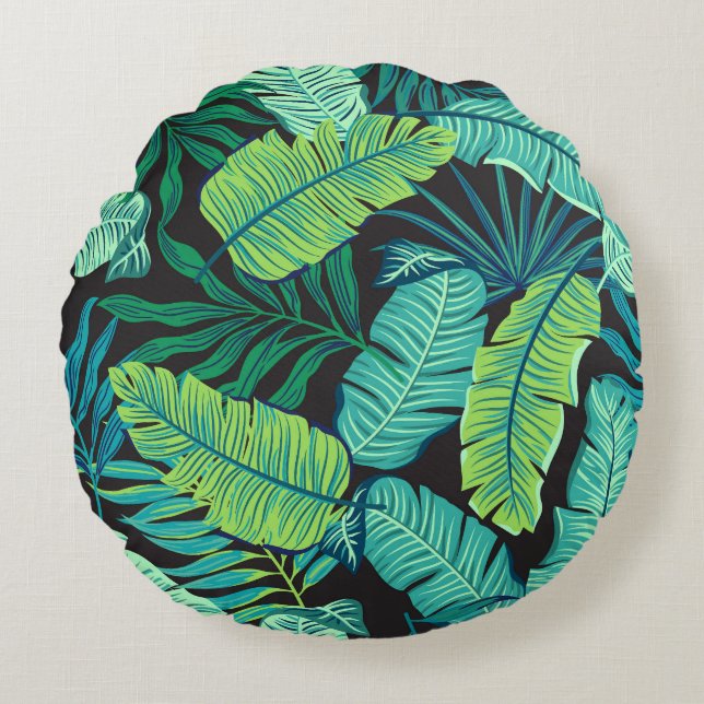 Green tropical leaves: vintage pattern. round cushion (Front)