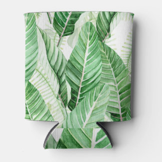 Green Tropical Leaves Watercolor Pattern Can Cooler