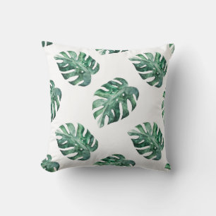 Green tropical leaves, watercolor pattern cushion