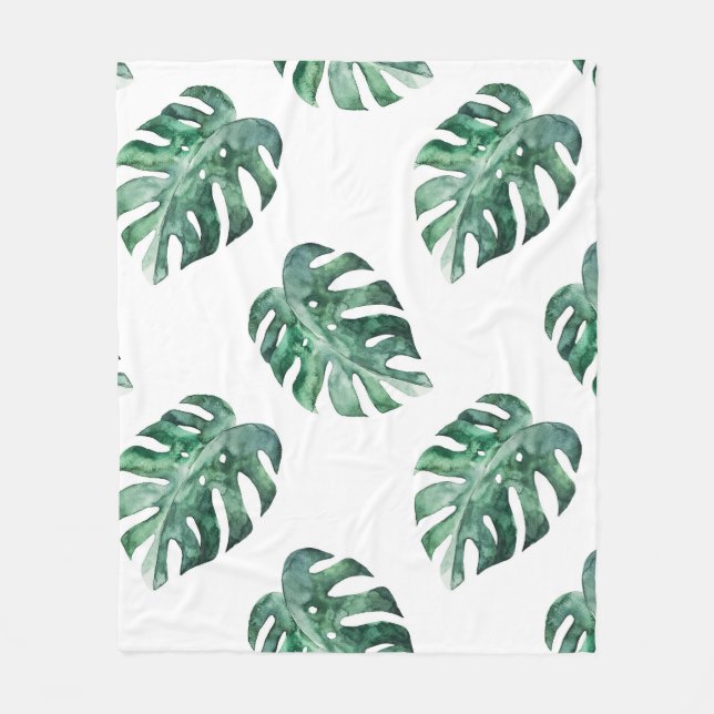 Green tropical leaves, watercolor pattern fleece blanket (Front)