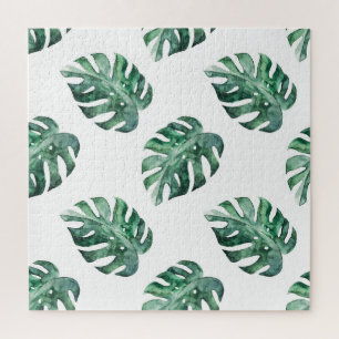 Green tropical leaves, watercolor pattern jigsaw puzzle