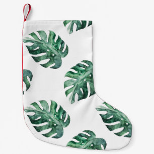 Green tropical leaves, watercolor pattern small christmas stocking