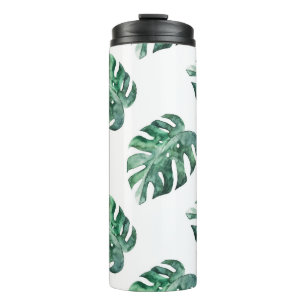 Green tropical leaves, watercolor pattern thermal tumbler